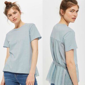 Topshop Belted Sheer Tulle Top Rolled Hem Short Sleeve Tshirt Pastel Blue Spring